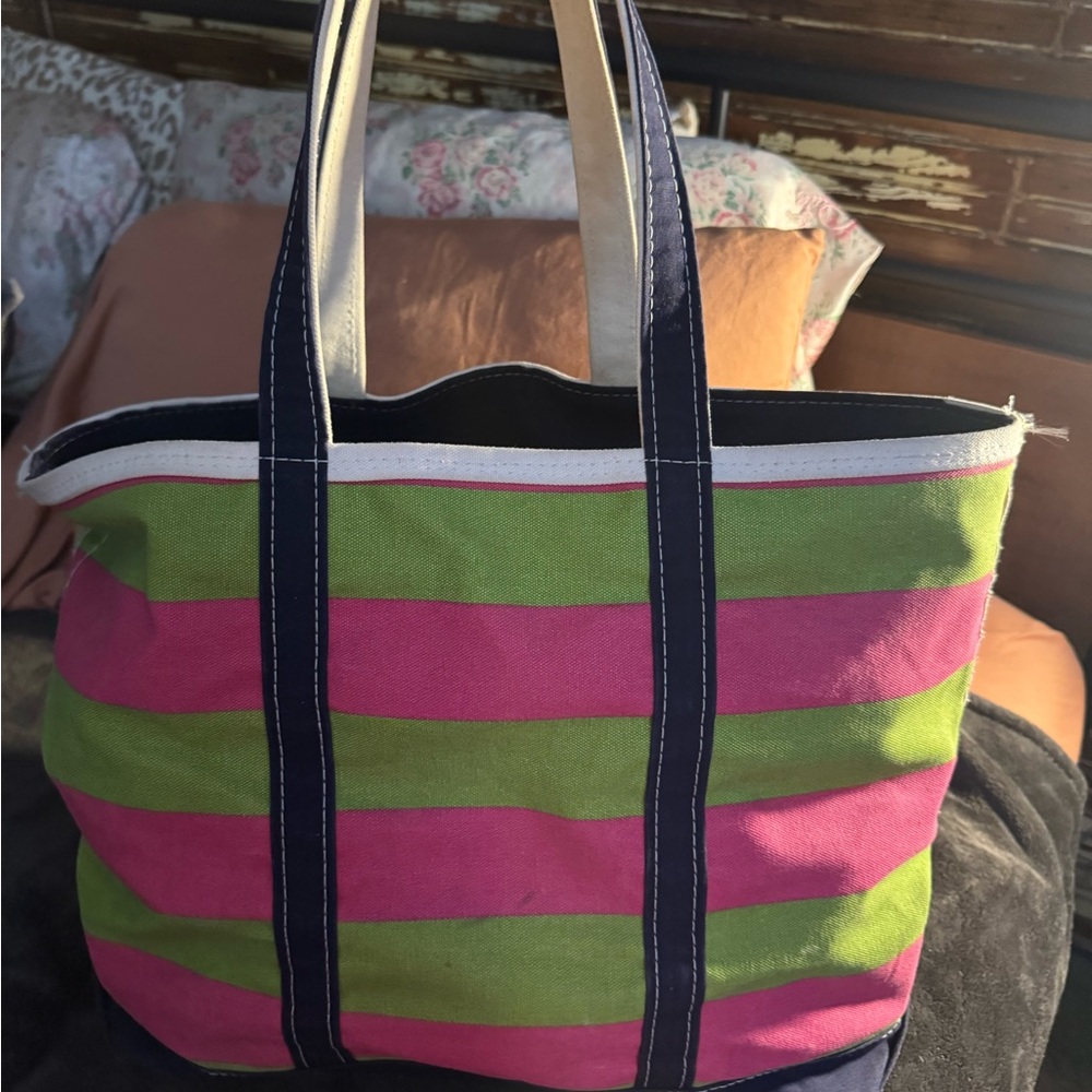 Vintage Striped Canvas  L.L Bean Tote Bag - Pink and Green large